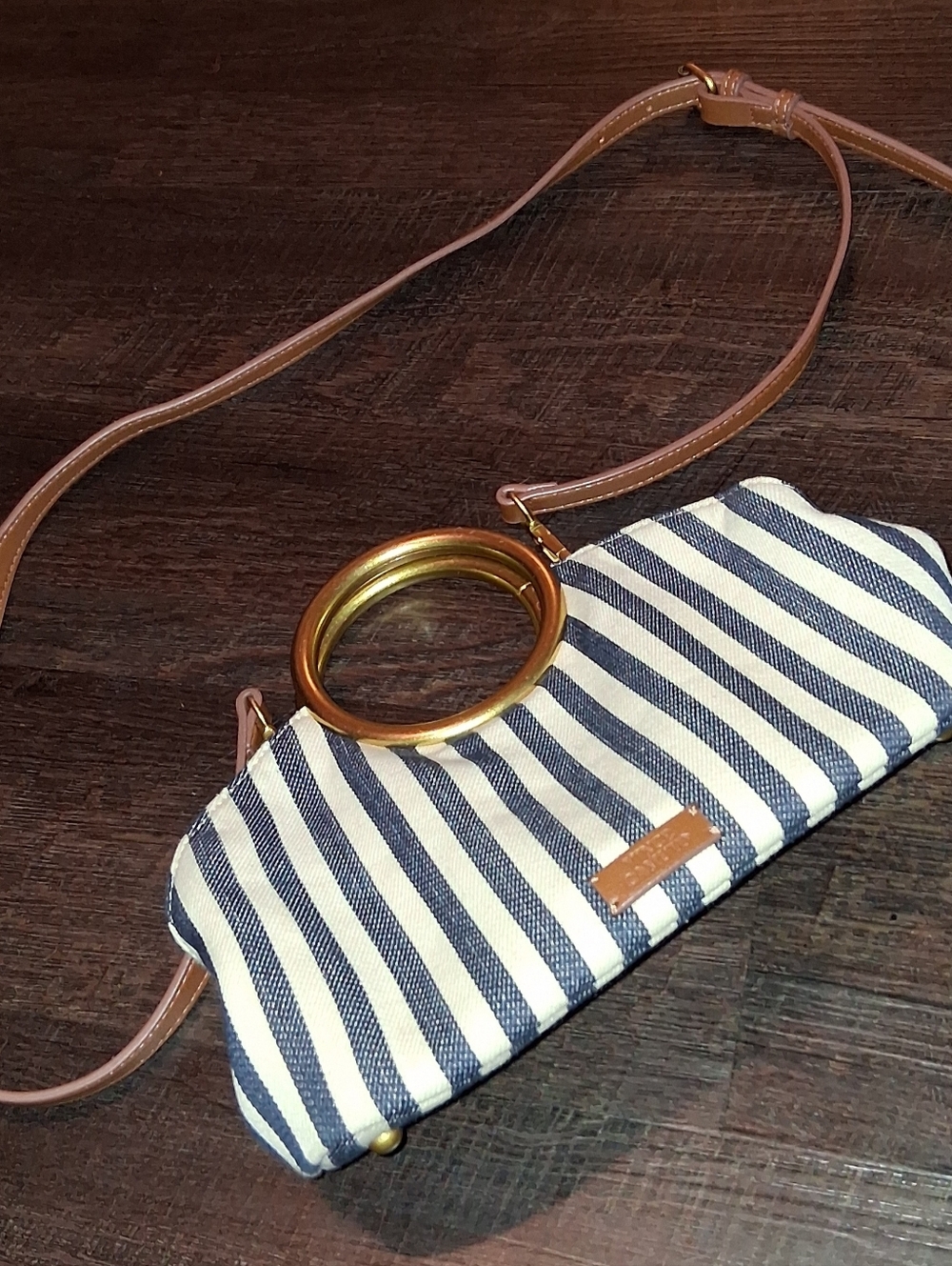 Vince Camuto Navy and Cream Striped Crossbody with Gold Ring